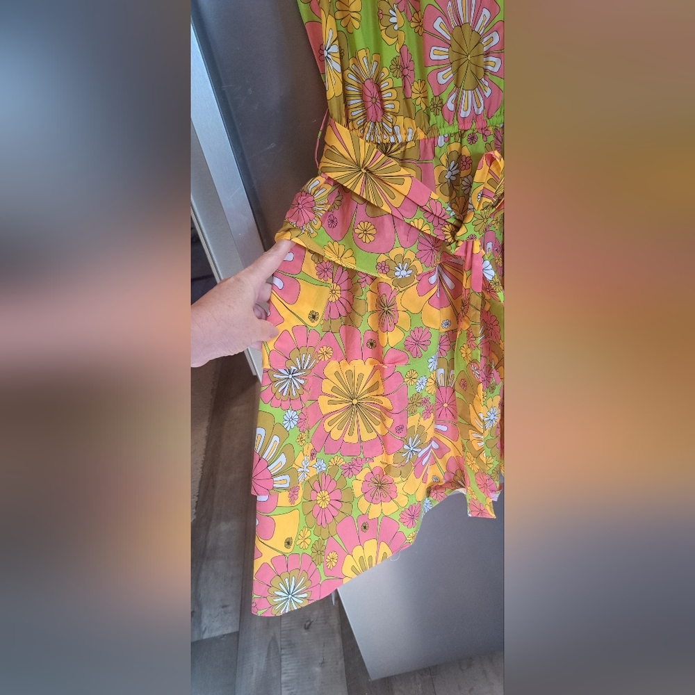 New Flora Bea NYC Mini Dress Retro Styled Tiered Green And Orange Pink Floral M - Picture 3 of 13